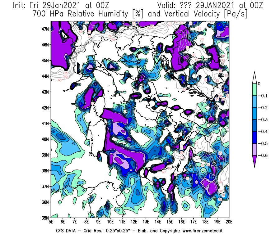 Mappa di analisi GFS - Umidità relativa [%] e Omega [Pa/s] a 700 hPa in Italia
							del 29/01/2021 00 <!--googleoff: index-->UTC<!--googleon: index-->
