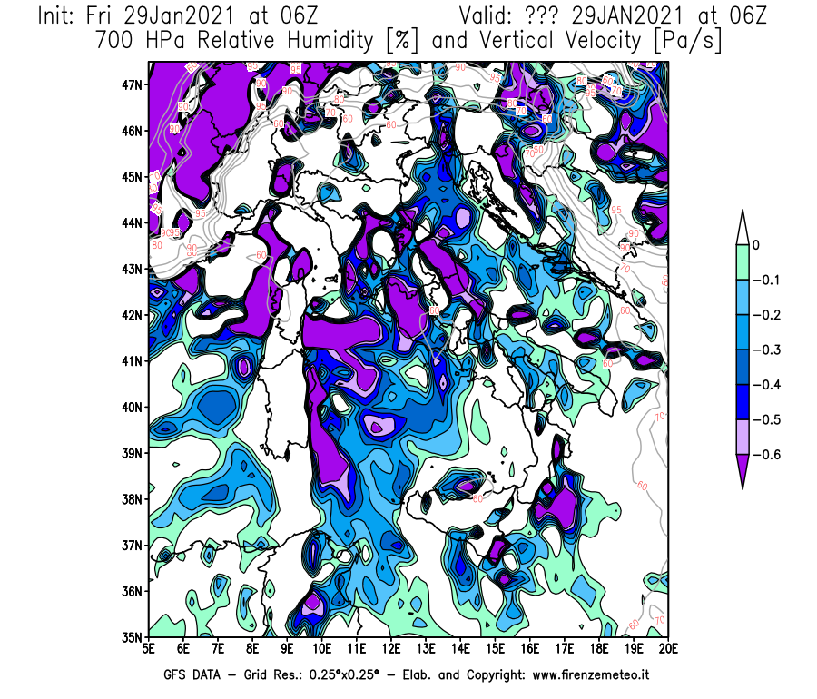 Mappa di analisi GFS - Umidità relativa [%] e Omega [Pa/s] a 700 hPa in Italia
									del 29/01/2021 06 <!--googleoff: index-->UTC<!--googleon: index-->