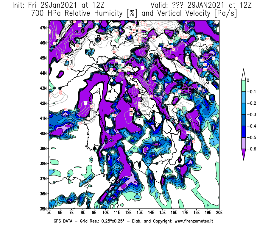 Mappa di analisi GFS - Umidità relativa [%] e Omega [Pa/s] a 700 hPa in Italia
							del 29/01/2021 12 <!--googleoff: index-->UTC<!--googleon: index-->