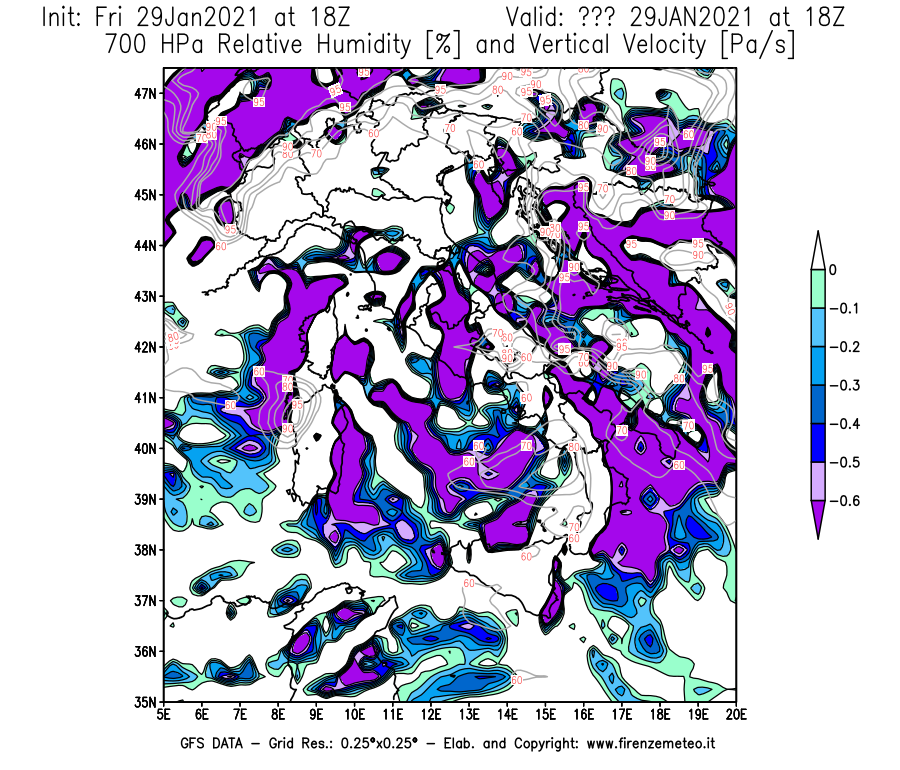 Mappa di analisi GFS - Umidità relativa [%] e Omega [Pa/s] a 700 hPa in Italia
									del 29/01/2021 18 <!--googleoff: index-->UTC<!--googleon: index-->