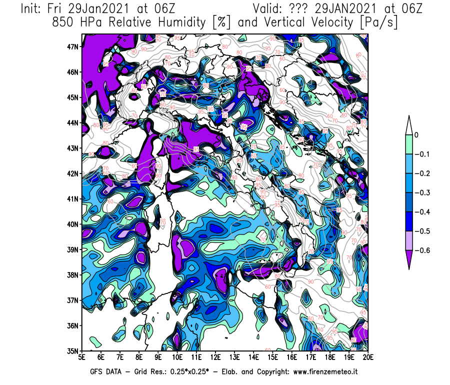 Mappa di analisi GFS - Umidità relativa [%] e Omega [Pa/s] a 850 hPa in Italia
							del 29/01/2021 06 <!--googleoff: index-->UTC<!--googleon: index-->