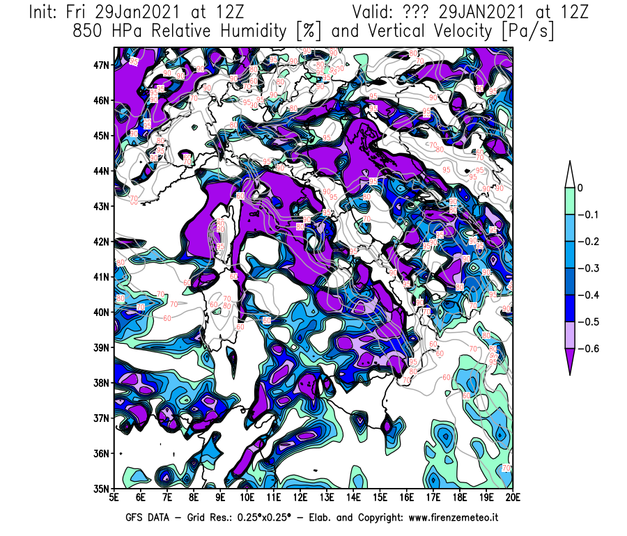 Mappa di analisi GFS - Umidità relativa [%] e Omega [Pa/s] a 850 hPa in Italia
									del 29/01/2021 12 <!--googleoff: index-->UTC<!--googleon: index-->