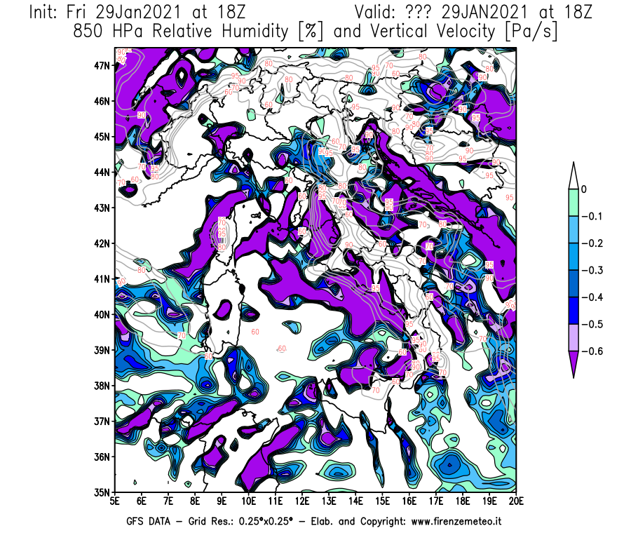 Mappa di analisi GFS - Umidità relativa [%] e Omega [Pa/s] a 850 hPa in Italia
							del 29/01/2021 18 <!--googleoff: index-->UTC<!--googleon: index-->