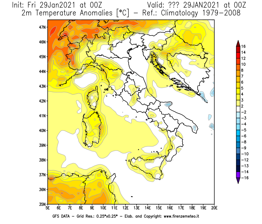 Mappa di analisi GFS - Anomalia Temperatura [°C] a 2 m in Italia
							del 29/01/2021 00 <!--googleoff: index-->UTC<!--googleon: index-->