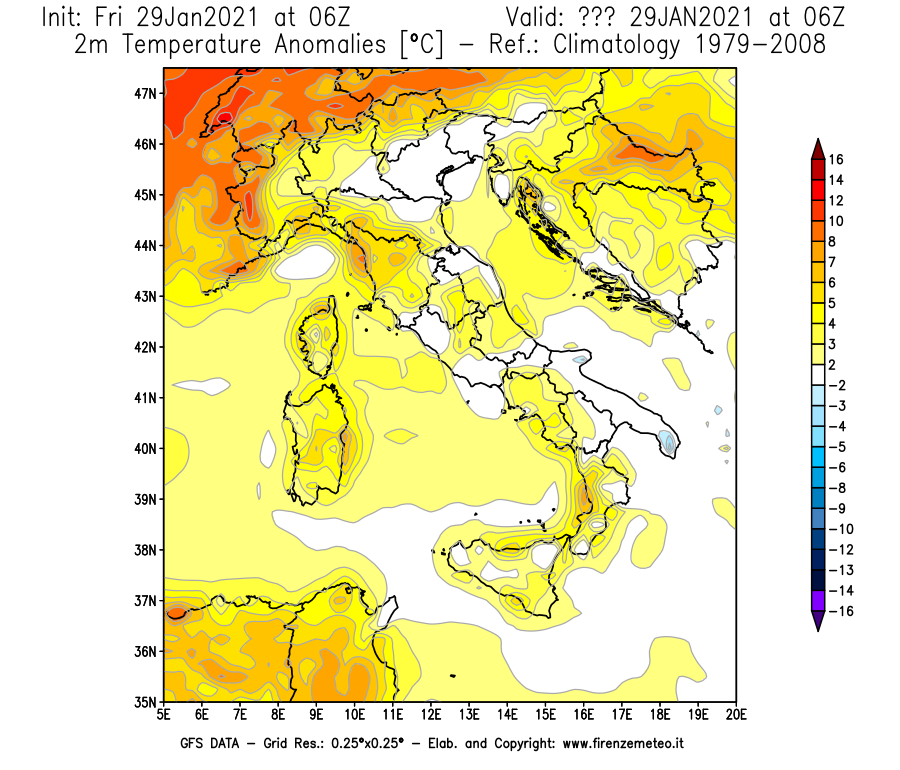 Mappa di analisi GFS - Anomalia Temperatura [°C] a 2 m in Italia
							del 29/01/2021 06 <!--googleoff: index-->UTC<!--googleon: index-->