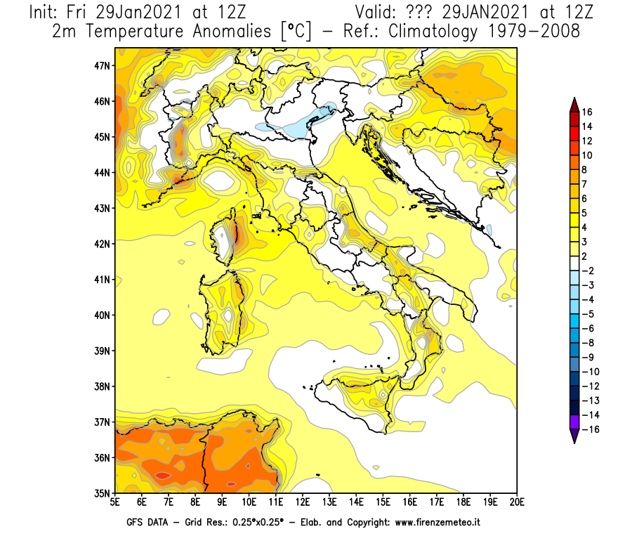 Mappa di analisi GFS - Anomalia Temperatura [°C] a 2 m in Italia
							del 29/01/2021 12 <!--googleoff: index-->UTC<!--googleon: index-->