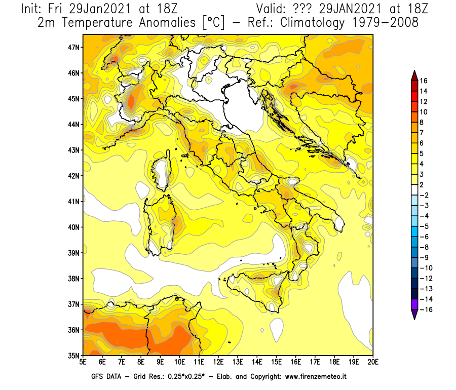 Mappa di analisi GFS - Anomalia Temperatura [°C] a 2 m in Italia
							del 29/01/2021 18 <!--googleoff: index-->UTC<!--googleon: index-->