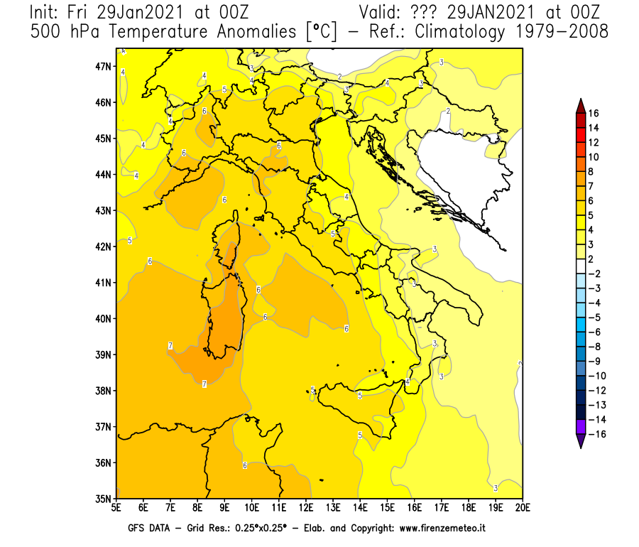Mappa di analisi GFS - Anomalia Temperatura [°C] a 500 hPa in Italia
							del 29/01/2021 00 <!--googleoff: index-->UTC<!--googleon: index-->