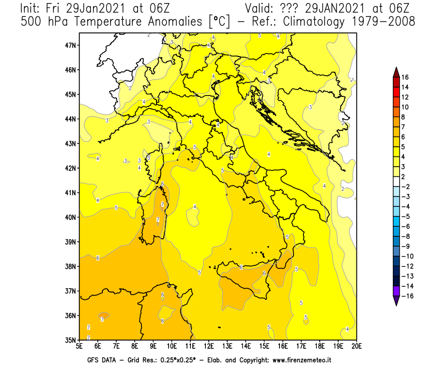 Mappa di analisi GFS - Anomalia Temperatura [°C] a 500 hPa in Italia
									del 29/01/2021 06 <!--googleoff: index-->UTC<!--googleon: index-->