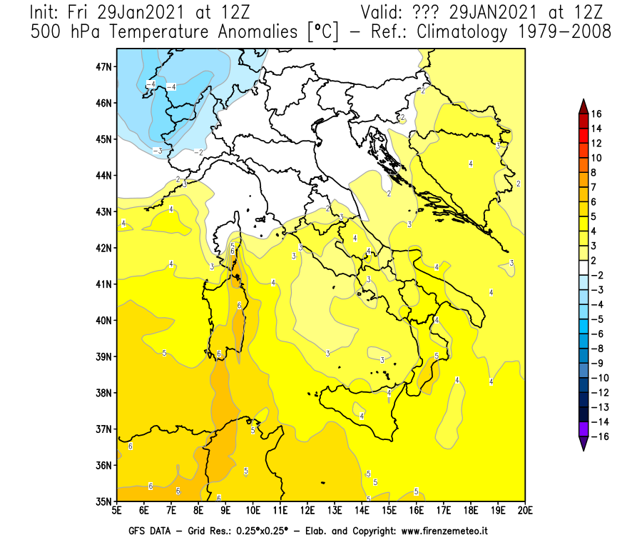 Mappa di analisi GFS - Anomalia Temperatura [°C] a 500 hPa in Italia
									del 29/01/2021 12 <!--googleoff: index-->UTC<!--googleon: index-->
