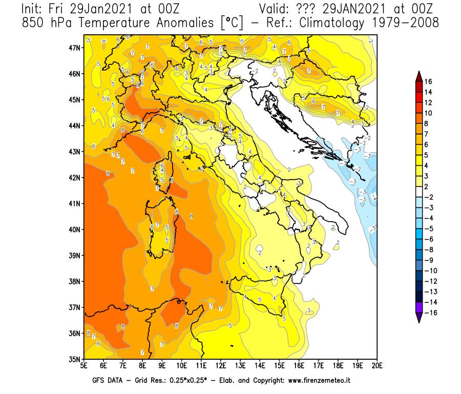 Mappa di analisi GFS - Anomalia Temperatura [°C] a 850 hPa in Italia
									del 29/01/2021 00 <!--googleoff: index-->UTC<!--googleon: index-->