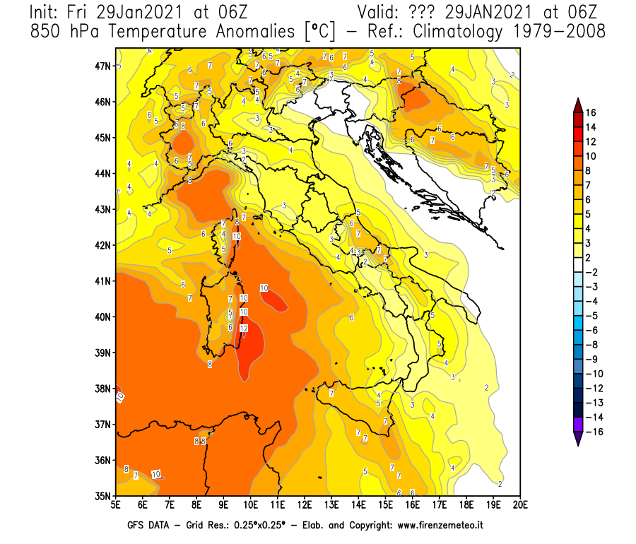 Mappa di analisi GFS - Anomalia Temperatura [°C] a 850 hPa in Italia
							del 29/01/2021 06 <!--googleoff: index-->UTC<!--googleon: index-->