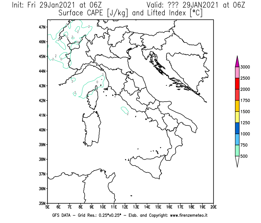 Mappa di analisi GFS - CAPE [J/kg] e Lifted Index [°C] in Italia
							del 29/01/2021 06 <!--googleoff: index-->UTC<!--googleon: index-->