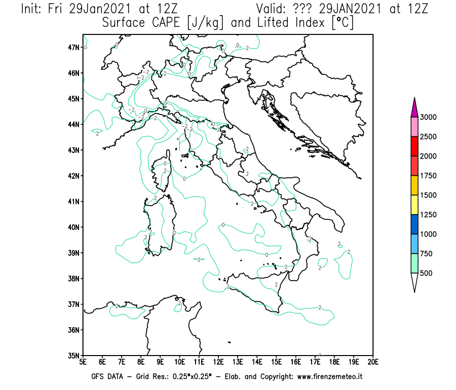 Mappa di analisi GFS - CAPE [J/kg] e Lifted Index [°C] in Italia
							del 29/01/2021 12 <!--googleoff: index-->UTC<!--googleon: index-->