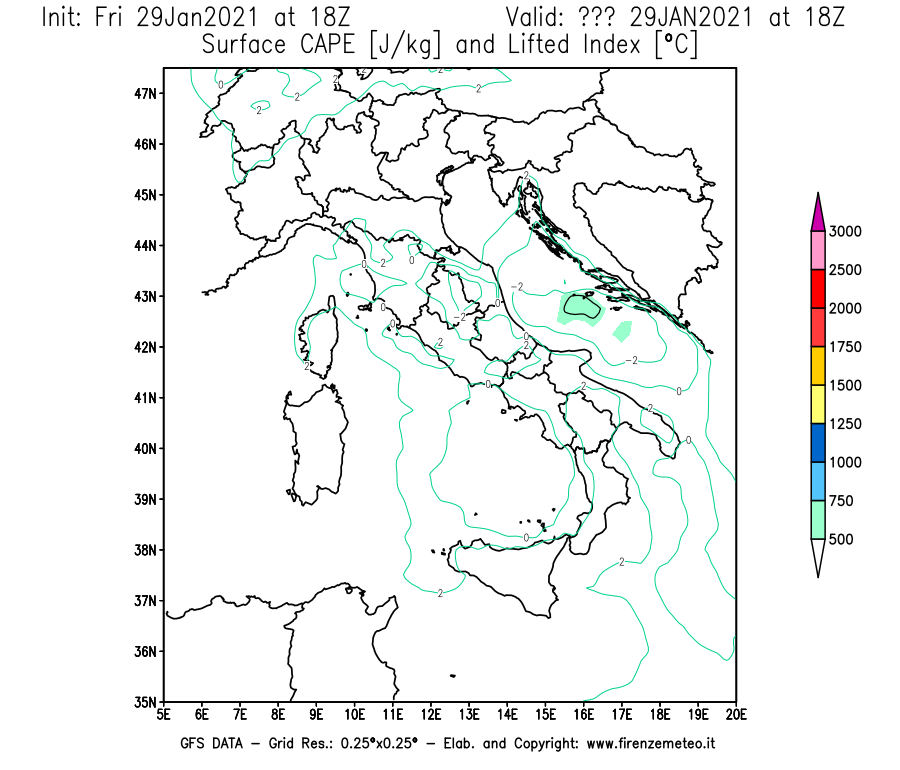 Mappa di analisi GFS - CAPE [J/kg] e Lifted Index [°C] in Italia
							del 29/01/2021 18 <!--googleoff: index-->UTC<!--googleon: index-->