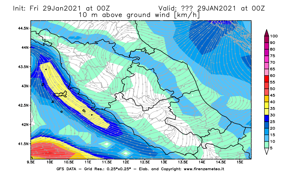 Mappa di analisi GFS - Velocità del vento a 10 metri dal suolo [km/h] in Centro-Italia
							del 29/01/2021 00 <!--googleoff: index-->UTC<!--googleon: index-->