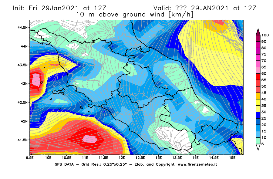 Mappa di analisi GFS - Velocità del vento a 10 metri dal suolo [km/h] in Centro-Italia
									del 29/01/2021 12 <!--googleoff: index-->UTC<!--googleon: index-->