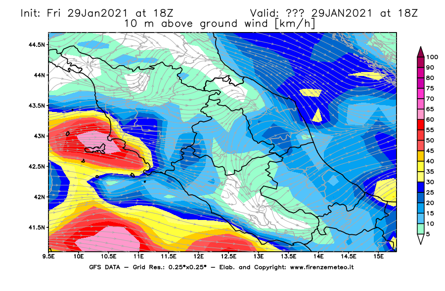 Mappa di analisi GFS - Velocità del vento a 10 metri dal suolo [km/h] in Centro-Italia
									del 29/01/2021 18 <!--googleoff: index-->UTC<!--googleon: index-->