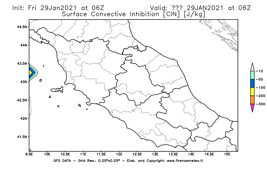 Mappa di analisi GFS - CIN [J/kg] in Centro-Italia
									del 29/01/2021 06 <!--googleoff: index-->UTC<!--googleon: index-->