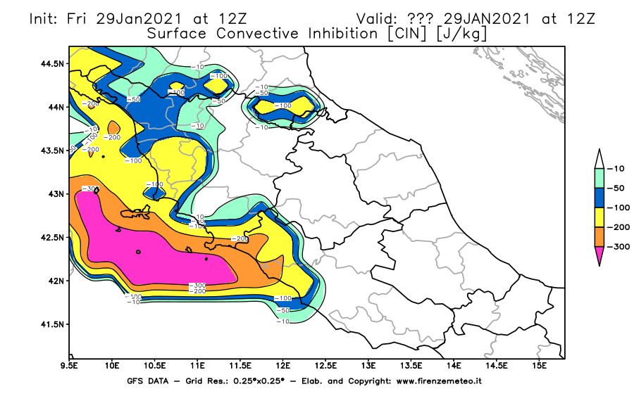Mappa di analisi GFS - CIN [J/kg] in Centro-Italia
									del 29/01/2021 12 <!--googleoff: index-->UTC<!--googleon: index-->