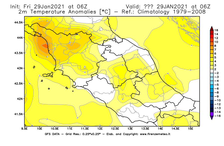 Mappa di analisi GFS - Anomalia Temperatura [°C] a 2 m in Centro-Italia
							del 29/01/2021 06 <!--googleoff: index-->UTC<!--googleon: index-->