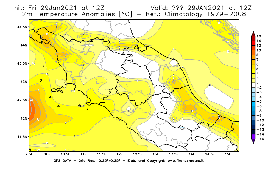 Mappa di analisi GFS - Anomalia Temperatura [°C] a 2 m in Centro-Italia
									del 29/01/2021 12 <!--googleoff: index-->UTC<!--googleon: index-->
