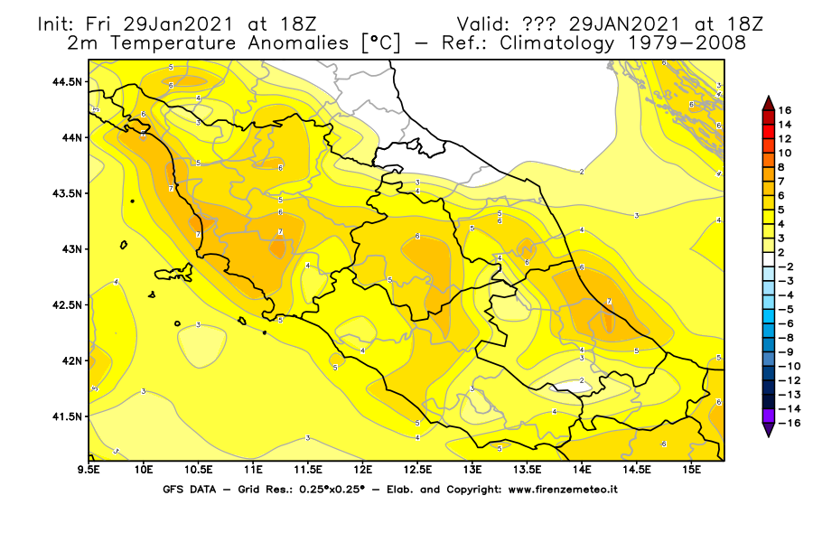 Mappa di analisi GFS - Anomalia Temperatura [°C] a 2 m in Centro-Italia
							del 29/01/2021 18 <!--googleoff: index-->UTC<!--googleon: index-->