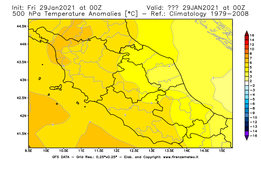 Mappa di analisi GFS - Anomalia Temperatura [°C] a 500 hPa in Centro-Italia
									del 29/01/2021 00 <!--googleoff: index-->UTC<!--googleon: index-->