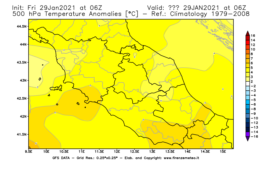 Mappa di analisi GFS - Anomalia Temperatura [°C] a 500 hPa in Centro-Italia
							del 29/01/2021 06 <!--googleoff: index-->UTC<!--googleon: index-->