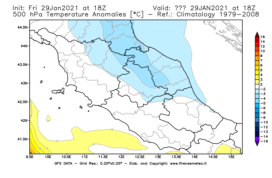 Mappa di analisi GFS - Anomalia Temperatura [°C] a 500 hPa in Centro-Italia
									del 29/01/2021 18 <!--googleoff: index-->UTC<!--googleon: index-->