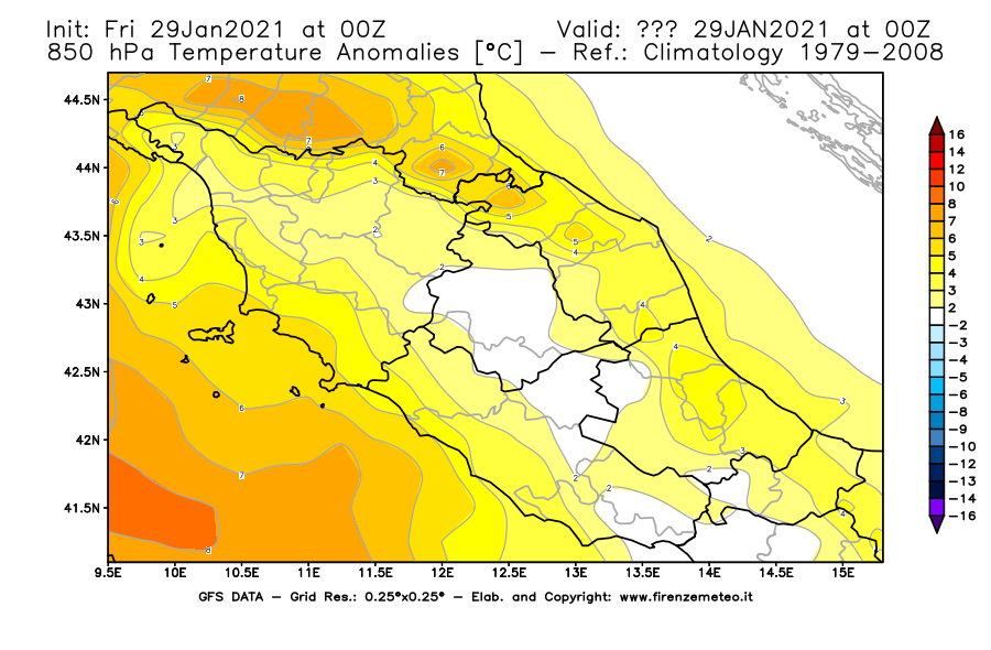 Mappa di analisi GFS - Anomalia Temperatura [°C] a 850 hPa in Centro-Italia
							del 29/01/2021 00 <!--googleoff: index-->UTC<!--googleon: index-->