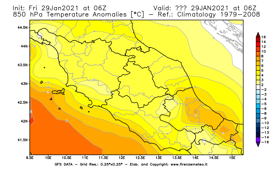 Mappa di analisi GFS - Anomalia Temperatura [°C] a 850 hPa in Centro-Italia
									del 29/01/2021 06 <!--googleoff: index-->UTC<!--googleon: index-->