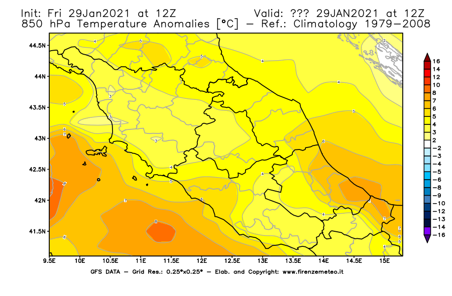 Mappa di analisi GFS - Anomalia Temperatura [°C] a 850 hPa in Centro-Italia
									del 29/01/2021 12 <!--googleoff: index-->UTC<!--googleon: index-->