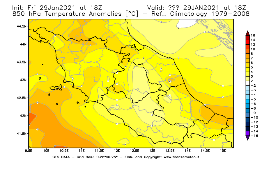 Mappa di analisi GFS - Anomalia Temperatura [°C] a 850 hPa in Centro-Italia
									del 29/01/2021 18 <!--googleoff: index-->UTC<!--googleon: index-->