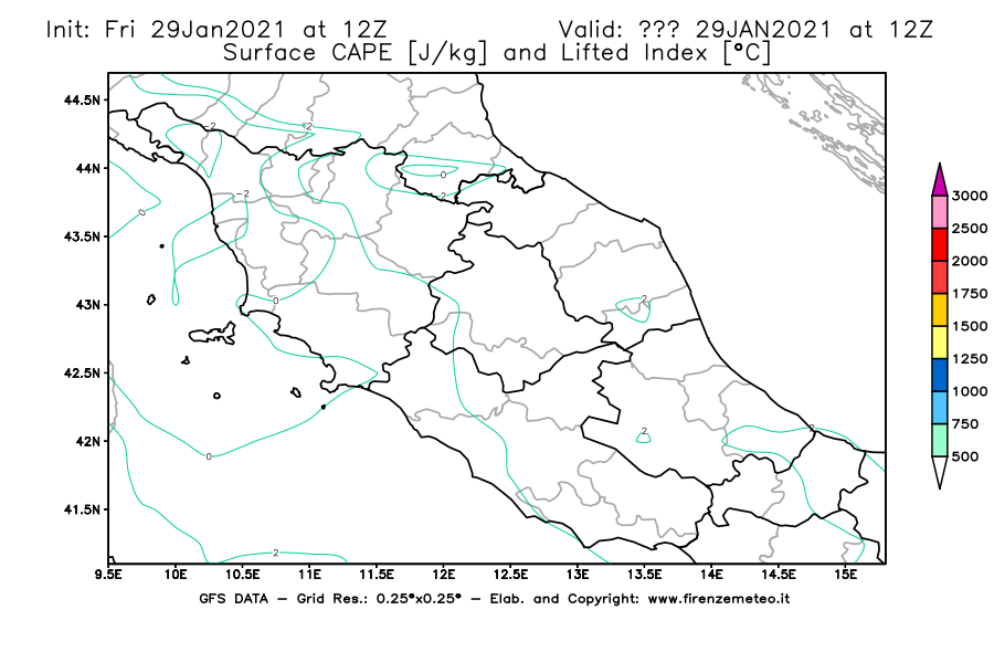 Mappa di analisi GFS - CAPE [J/kg] e Lifted Index [°C] in Centro-Italia
									del 29/01/2021 12 <!--googleoff: index-->UTC<!--googleon: index-->