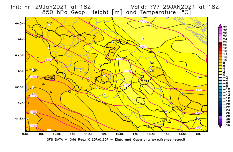 Mappa di analisi GFS - Geopotenziale [m] e Temperatura [°C] a 850 hPa in Centro-Italia
									del 29/01/2021 18 <!--googleoff: index-->UTC<!--googleon: index-->