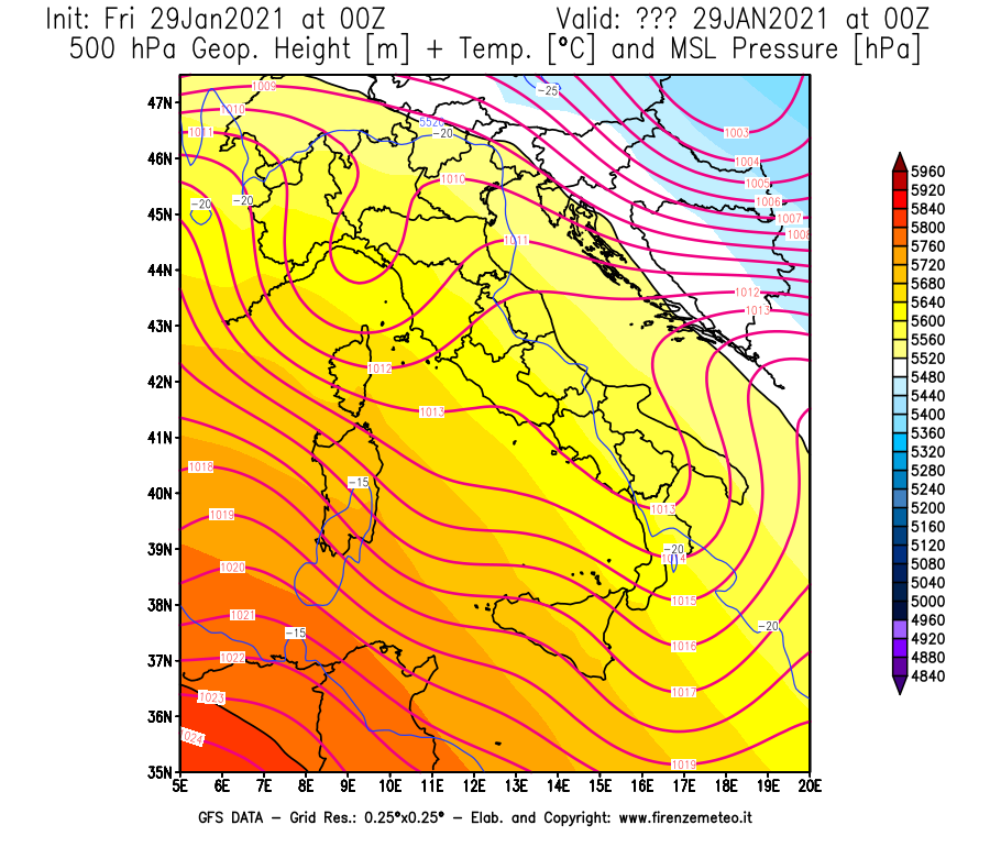 Mappa di analisi GFS - Geopotenziale [m] + Temp. [°C] a 500 hPa + Press. a livello del mare [hPa] in Italia
							del 29/01/2021 00 <!--googleoff: index-->UTC<!--googleon: index-->