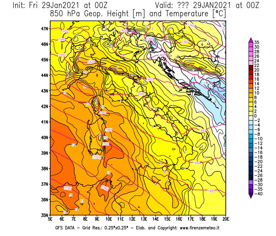 Mappa di analisi GFS - Geopotenziale [m] e Temperatura [°C] a 850 hPa in Italia
							del 29/01/2021 00 <!--googleoff: index-->UTC<!--googleon: index-->