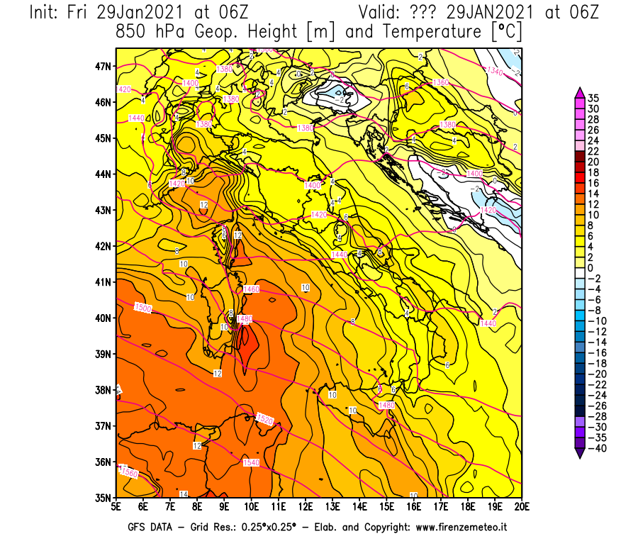 Mappa di analisi GFS - Geopotenziale [m] e Temperatura [°C] a 850 hPa in Italia
									del 29/01/2021 06 <!--googleoff: index-->UTC<!--googleon: index-->