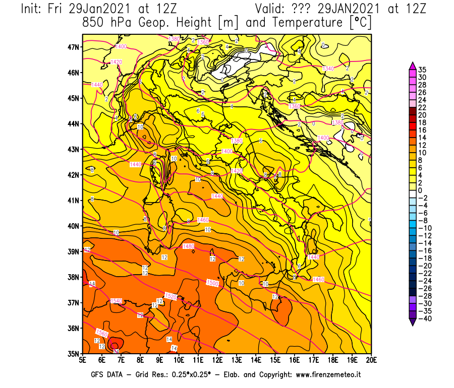 Mappa di analisi GFS - Geopotenziale [m] e Temperatura [°C] a 850 hPa in Italia
							del 29/01/2021 12 <!--googleoff: index-->UTC<!--googleon: index-->