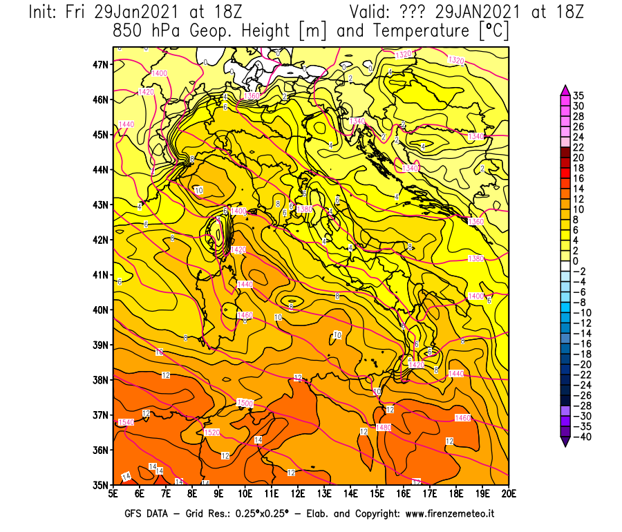 Mappa di analisi GFS - Geopotenziale [m] e Temperatura [°C] a 850 hPa in Italia
									del 29/01/2021 18 <!--googleoff: index-->UTC<!--googleon: index-->