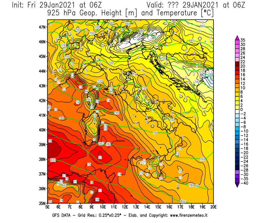Mappa di analisi GFS - Geopotenziale [m] e Temperatura [°C] a 925 hPa in Italia
							del 29/01/2021 06 <!--googleoff: index-->UTC<!--googleon: index-->