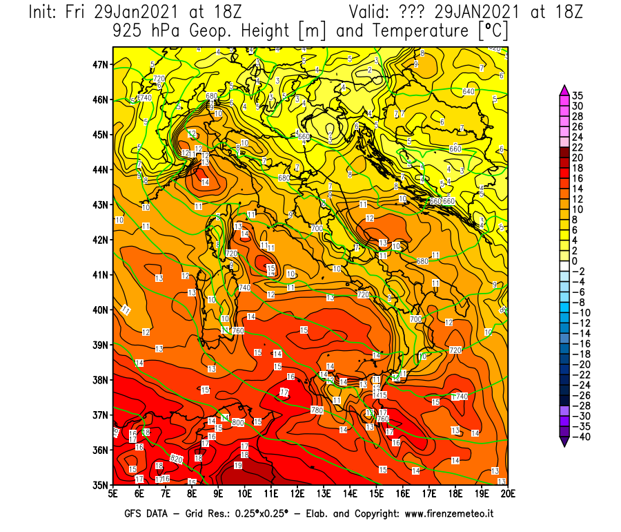 Mappa di analisi GFS - Geopotenziale [m] e Temperatura [°C] a 925 hPa in Italia
									del 29/01/2021 18 <!--googleoff: index-->UTC<!--googleon: index-->