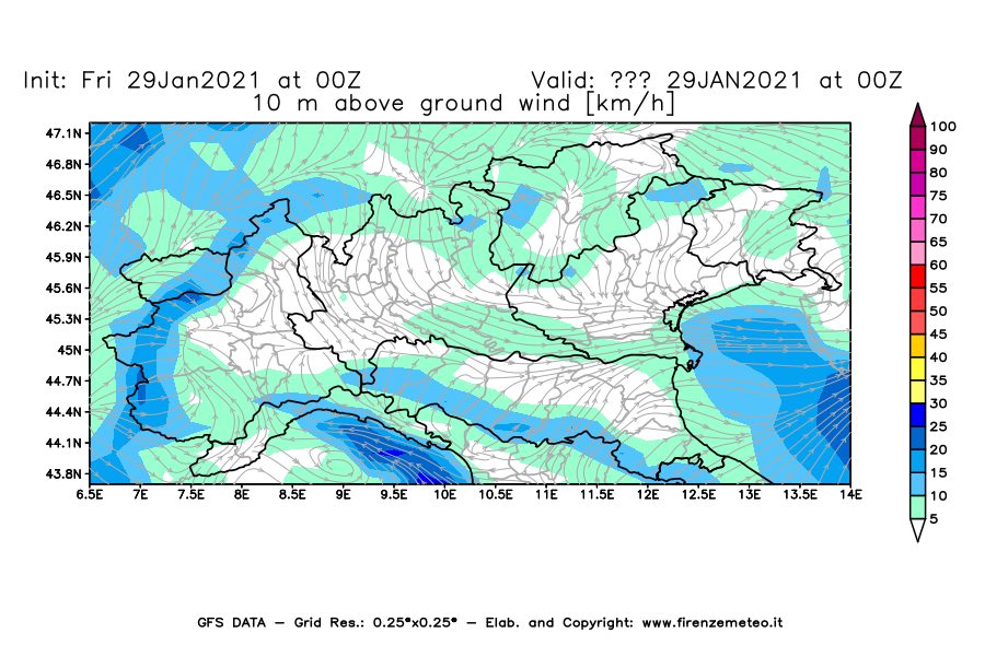 Mappa di analisi GFS - Velocità del vento a 10 metri dal suolo [km/h] in Nord-Italia
							del 29/01/2021 00 <!--googleoff: index-->UTC<!--googleon: index-->
