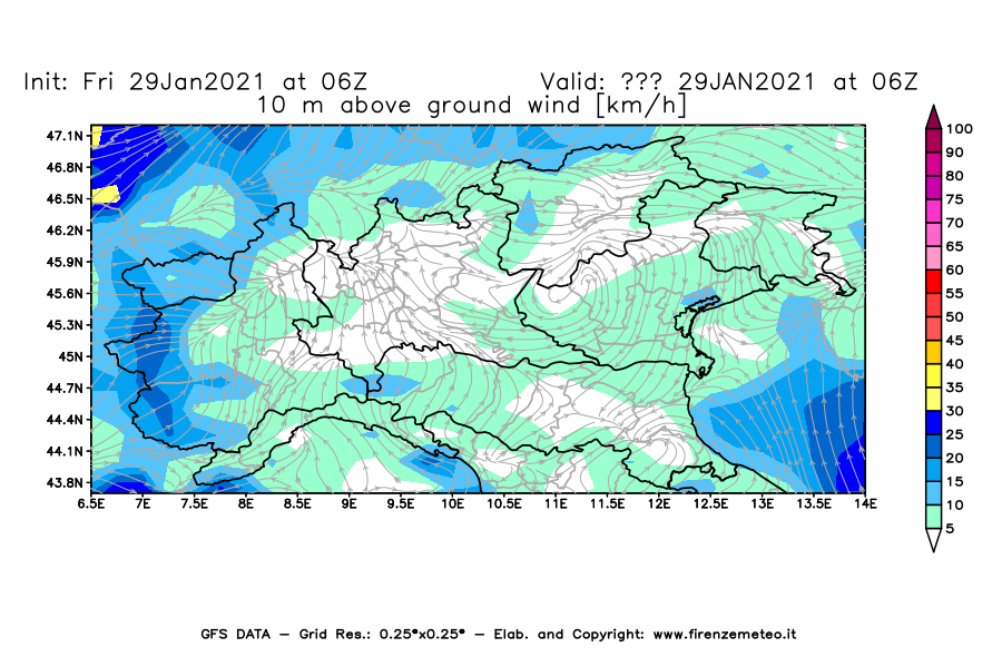 Mappa di analisi GFS - Velocità del vento a 10 metri dal suolo [km/h] in Nord-Italia
							del 29/01/2021 06 <!--googleoff: index-->UTC<!--googleon: index-->