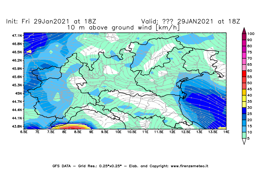 Mappa di analisi GFS - Velocità del vento a 10 metri dal suolo [km/h] in Nord-Italia
							del 29/01/2021 18 <!--googleoff: index-->UTC<!--googleon: index-->