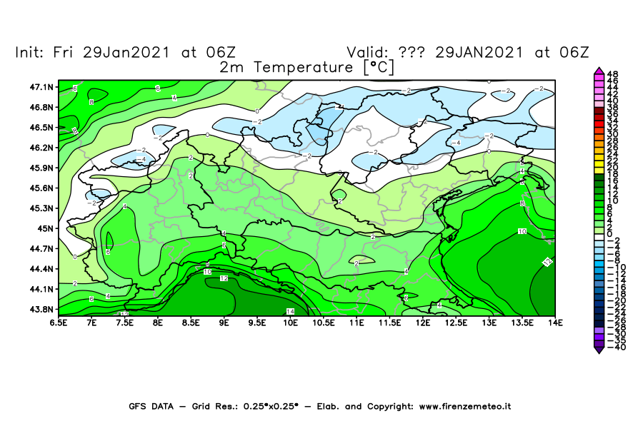 Mappa di analisi GFS - Temperatura a 2 metri dal suolo [°C] in Nord-Italia
									del 29/01/2021 06 <!--googleoff: index-->UTC<!--googleon: index-->