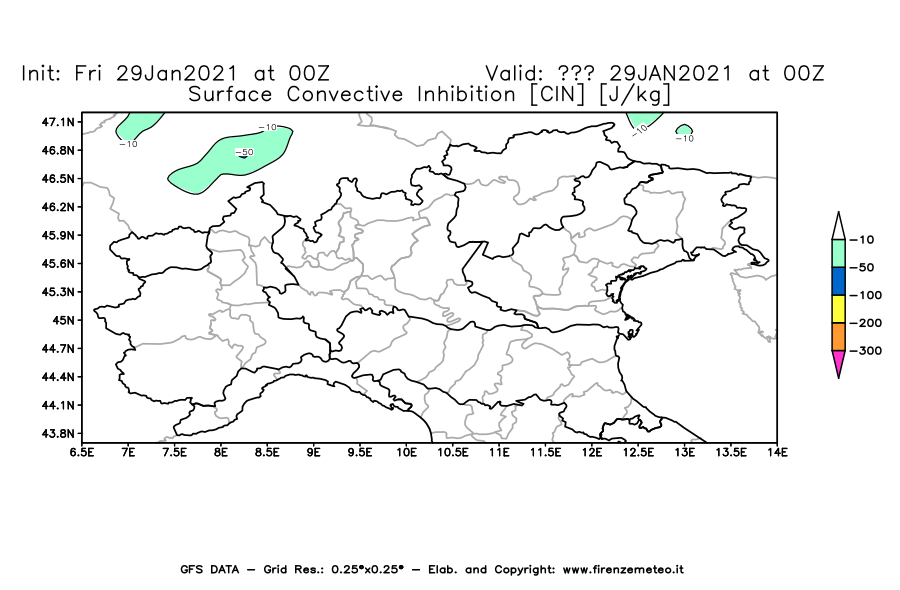 Mappa di analisi GFS - CIN [J/kg] in Nord-Italia
									del 29/01/2021 00 <!--googleoff: index-->UTC<!--googleon: index-->