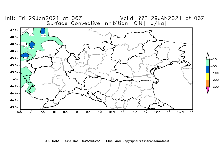 Mappa di analisi GFS - CIN [J/kg] in Nord-Italia
									del 29/01/2021 06 <!--googleoff: index-->UTC<!--googleon: index-->