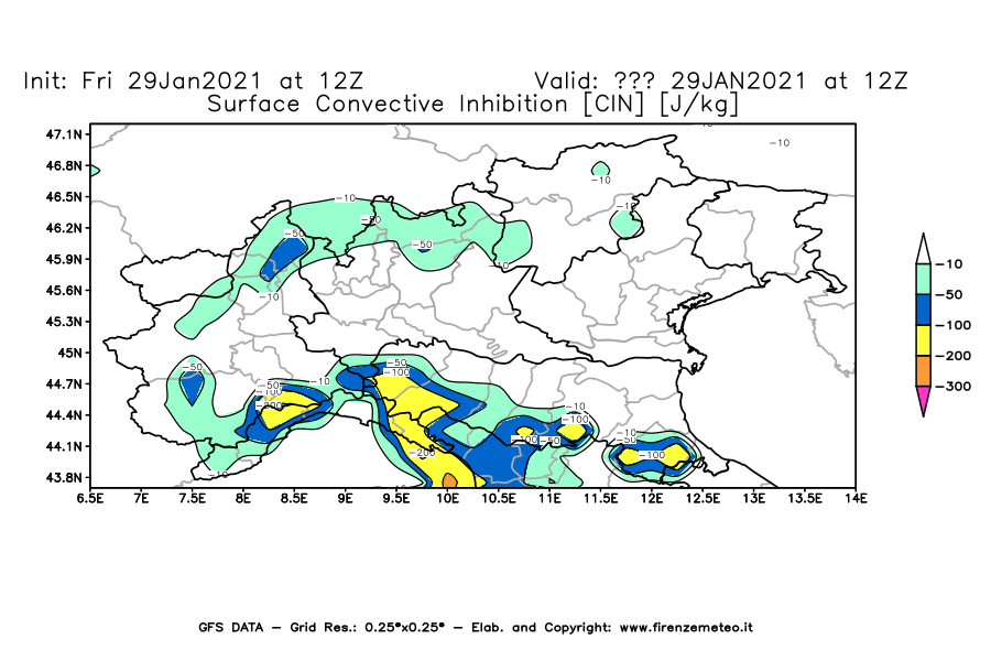 Mappa di analisi GFS - CIN [J/kg] in Nord-Italia
									del 29/01/2021 12 <!--googleoff: index-->UTC<!--googleon: index-->